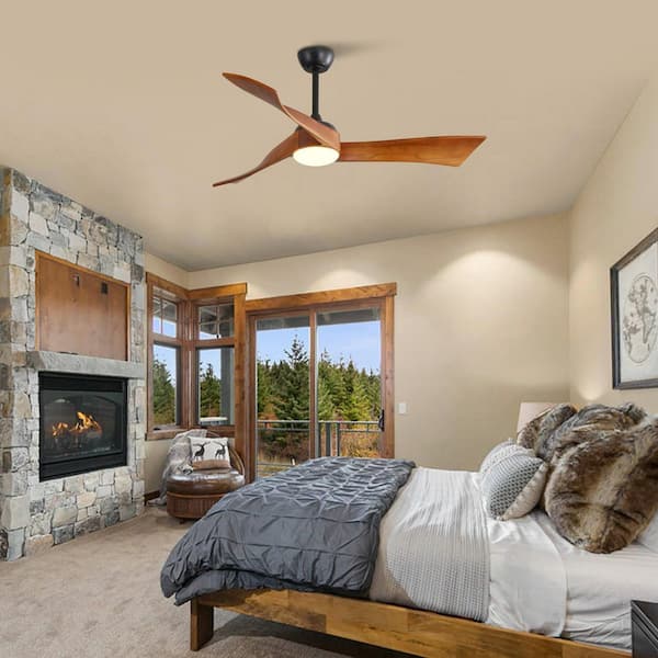 52 in. Indoor Black 3 Solid Wood Blades Integrated LED Ceiling Fan with Remote Control and Reversible DC Motor
