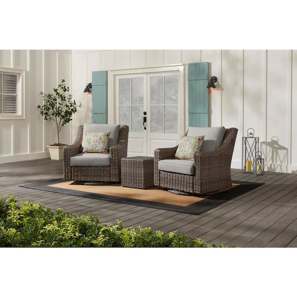 Hampton Bay Rock Cliff Brown 3-Piece Wicker Outdoor Patio Seating Set with CushionGuard Stone Gray Cushions