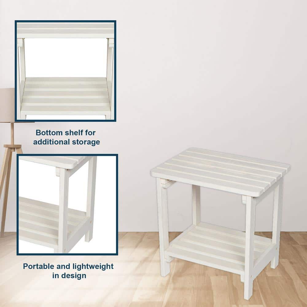 Eggshell White Cedar Wood Rectangular Side Table with Shelf
