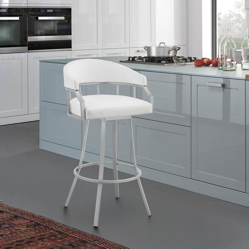 Valerie 30 in. White/Silver High Back Metal Swivel Bar Stool with Faux Leat