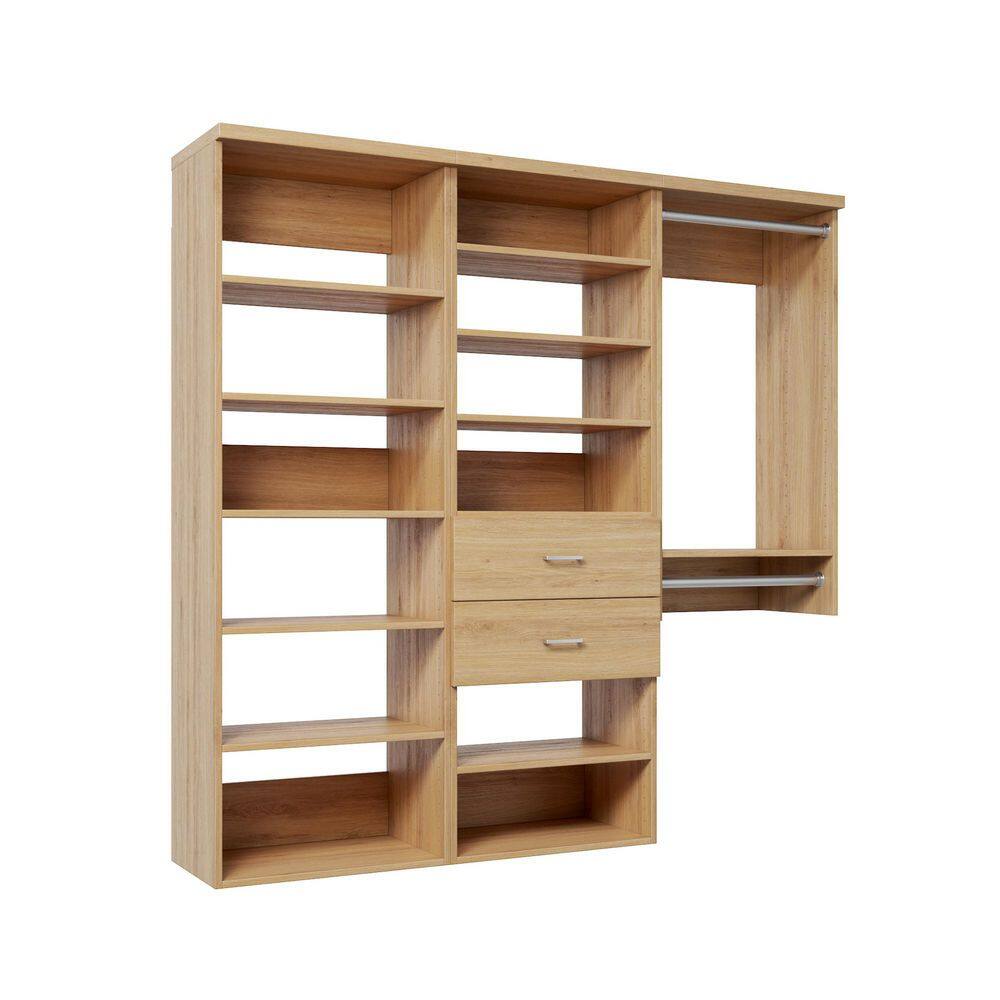 76.5 in. W Natural Oak Reach-in Wall-Mount 2-Rod 2-Slab-Drawers 12-Shelf Wood Closet System