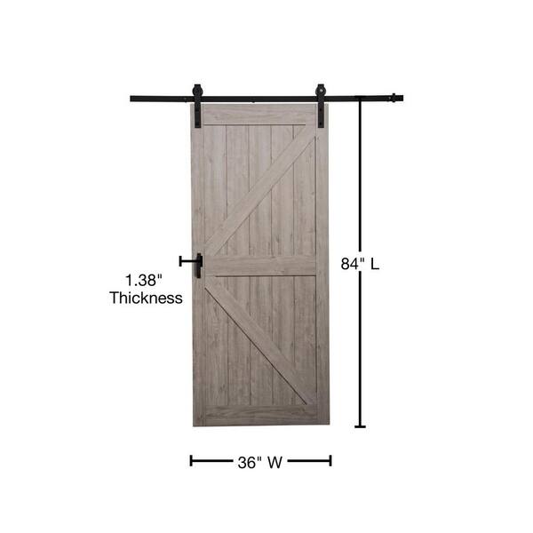 K Design 36 in. x 84 in. Ashen White Finished MDF Sliding Barn Door with Bent Strap Hardware Kit
