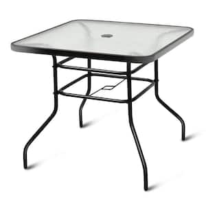32 in. Black Square Metal Outdoor Dining Table with Umbrella Hole and Tempered Glass Top
