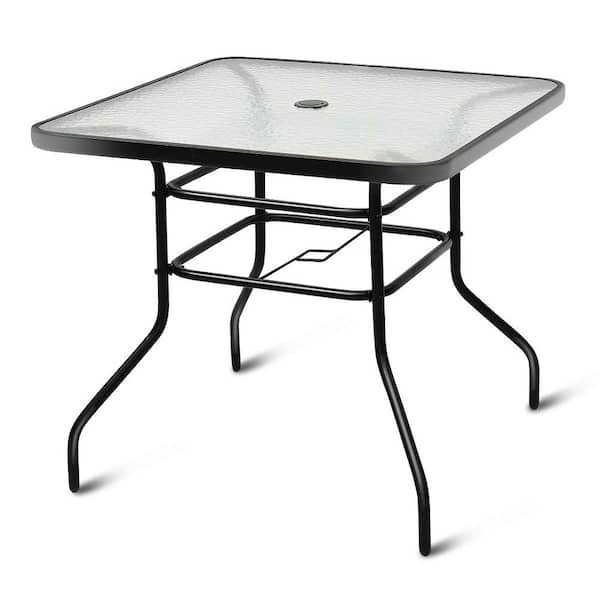Alpulon 32 in. Black Square Metal Outdoor Dining Table with Umbrella Hole and Tempered Glass Top