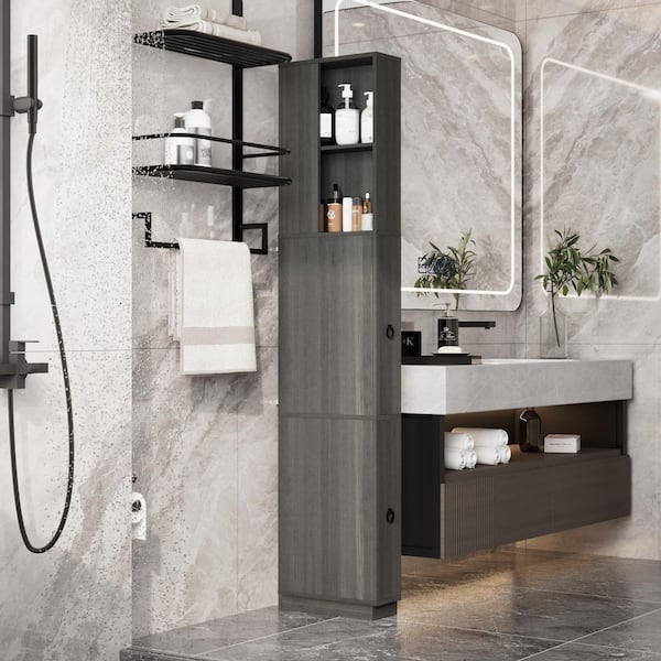 15.7 in. W x 5.9 in. D x 72.8 in. H Dark Gray Wood Freestanding Bathroom Linen Cabinet with 2 Drawers