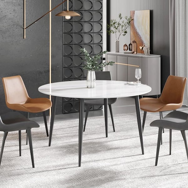 Magic Home 53.15 in. Modern Round White Sintered Stone Top 4 Legs Dining Table (Seats 6)
