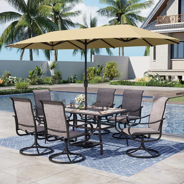 PHI VILLA Black 8-Piece Metal Rectangle Patio Outdoor Dining Set with Geometric Table, Umbrella and Textilene Swivel Chairs