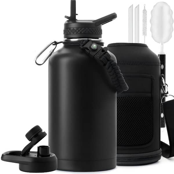 64 oz. Advanced Black Stainless Steel Water Bottle, 24H Hot Multi-Layer Insulation, with Carrier Bag, Straw, Set of 1