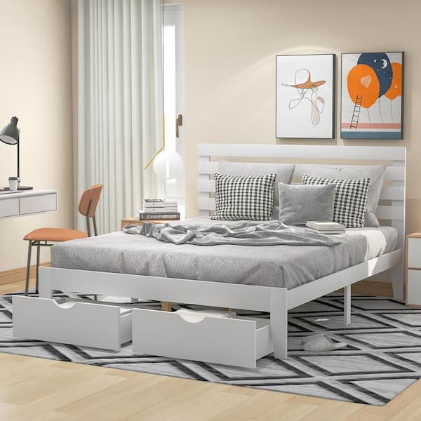 Harper & Bright Designs White Wood Frame Queen Size Platform Bed with 2-Drawers