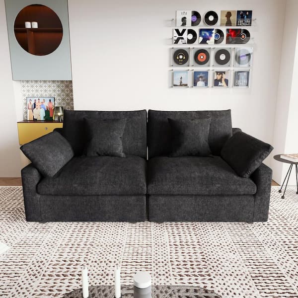 82.6 in. Square Arm Plush Linen 2-Seater Loveseat Love Sofa Couch Modular Sectional Sofa with Washable Covers in Black