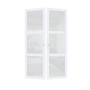 48 in. x 80 in. 3-Lite Tempered Frosted Glass Solid Core Off-White Prefinished Composite Pivot Bifold Door with Hardware