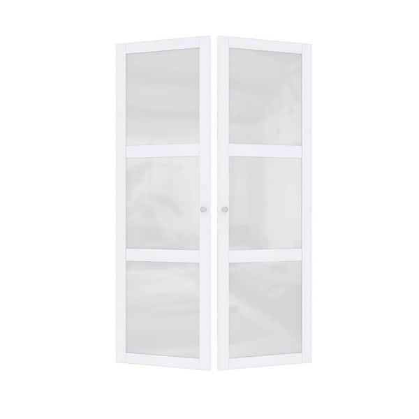 ARK DESIGN 60 in. x 80.5 in. 3-Lite Tempered Frosted Glass Solid Core Off-White Prefinished Composite Pivot Bifold Door w/ Hardware