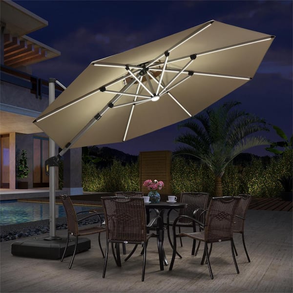 11 ft. Octagon Aluminum Solar Powered LED Patio Cantilever Offset Umbrella with Base, Beige