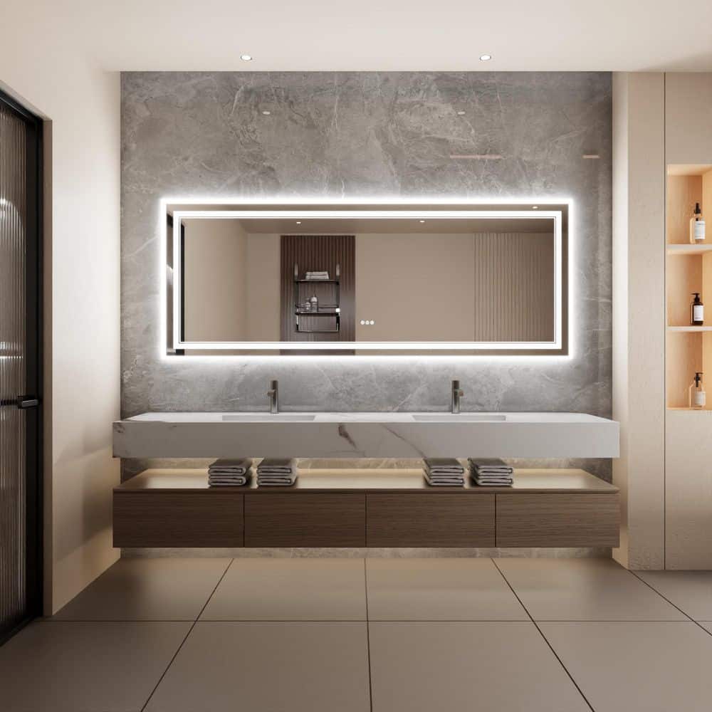84 in. W x 32- in. H Rectangular Frameless Wall Mounted LED Bathroom Vanity
