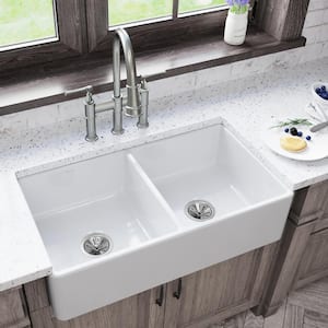 Burnham 33in. Farmhouse/Apron-Front 2 Bowl White Fireclay Sink Only and No Accessories