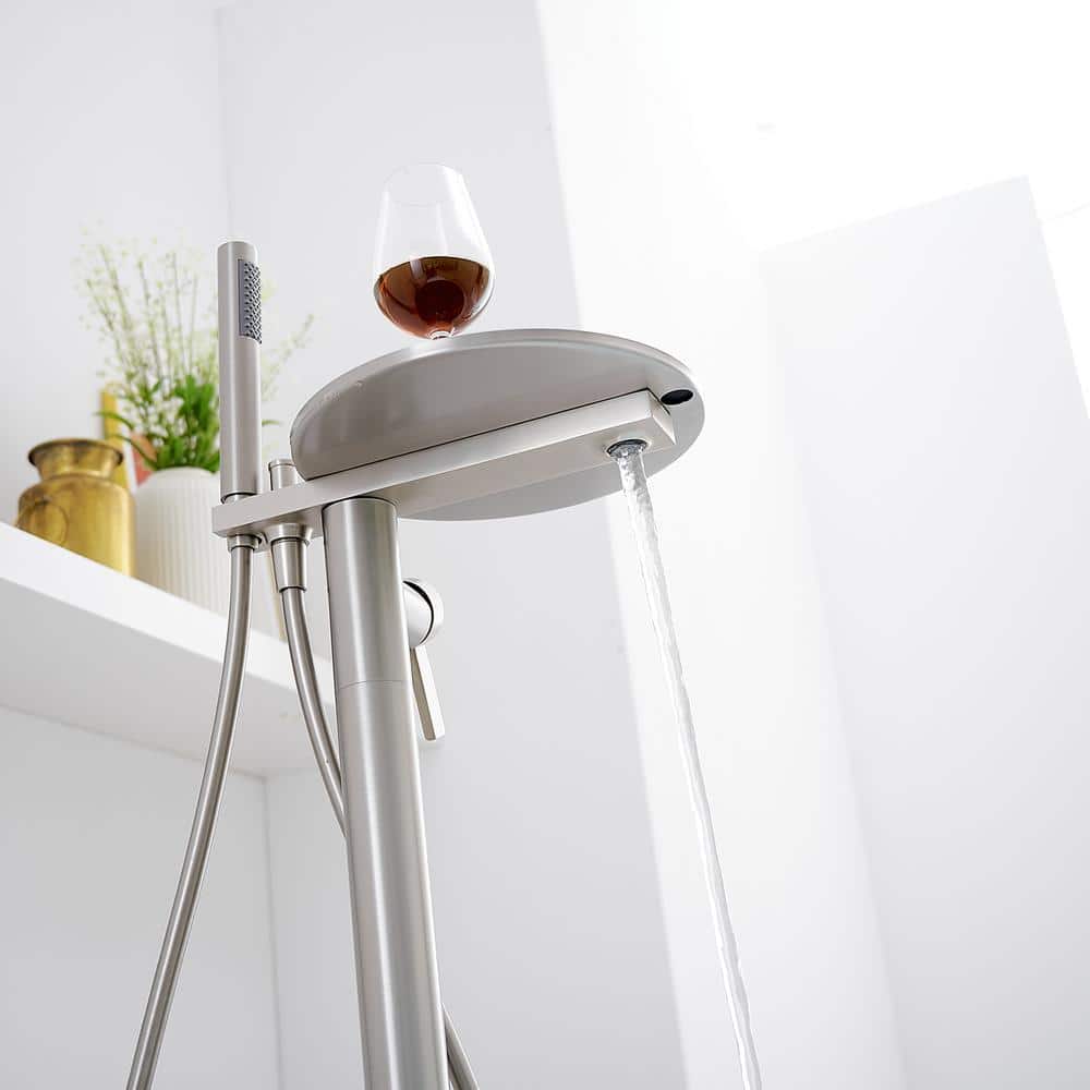 Brushed Nickel Freestanding Roman Tub Faucet with Hand Shower and Tray