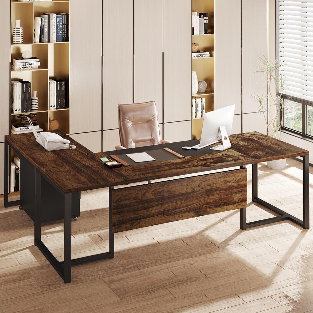 71'' Rustic Brown and Black L-Shaped Desk with Mobile File Cabinet