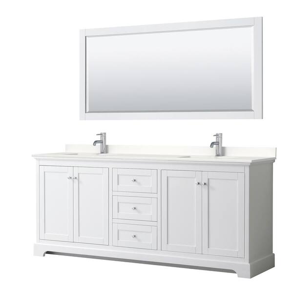 Wyndham Collection Avery 80 in. W x 22 in. D x 35 in. H Double Bath Vanity in White with White Quartz Top and 70 in. Mirror