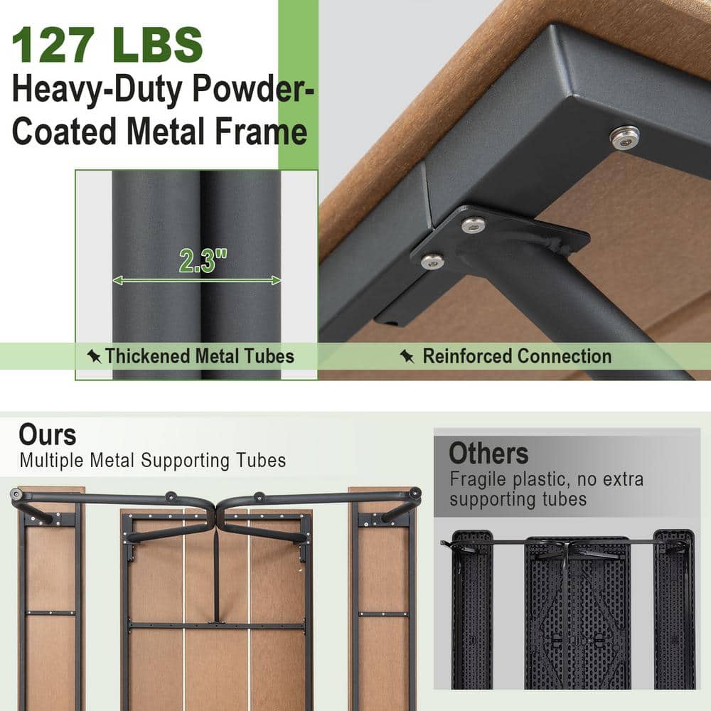 6FT Brown HDPE and Metal Outdoor Picnic Table Bench Set