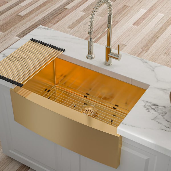 Staykiwi 33 in. Farmhouse/Apron-Front Single Bowl 16 Gauge Gold Stainless Steel Kitchen Sink with Bottom Grids