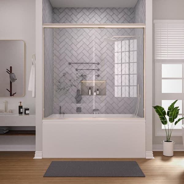 niveal Breeze 60 in. W x 56 in. H Sliding Semi Frameless Tub Door in Brushed Nickel Finish with Clear Glass