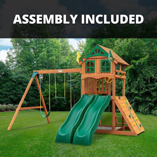 Professionally Assembled Outing III Kids Outdoor Playground Set with Wood Roof, 2 Slides, Sandbox, Rock Wall, Swing Set