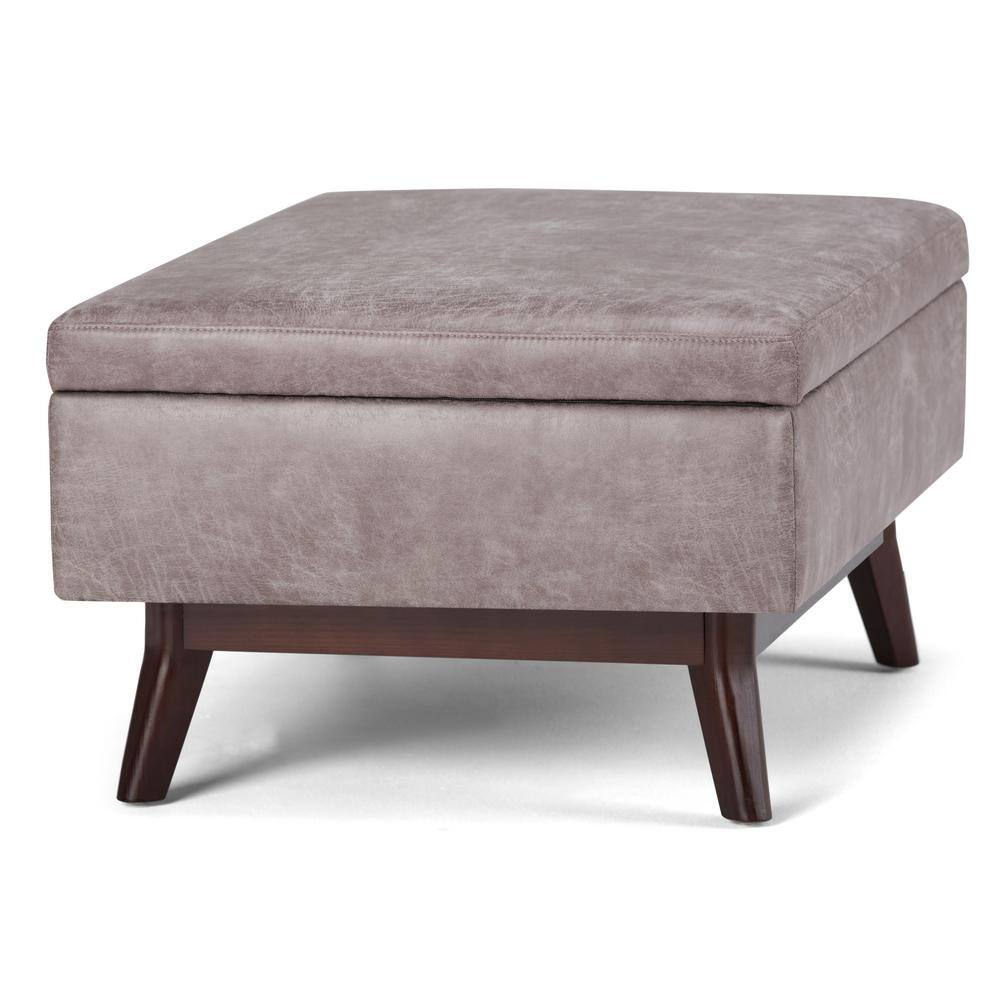 Mid-Century Modern Distressed Gray Taupe Wood Storage Ottoman