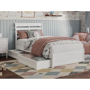 Emelie White Solid Wood Frame Twin Platform Bed with Panel Footboard and Storage Drawers