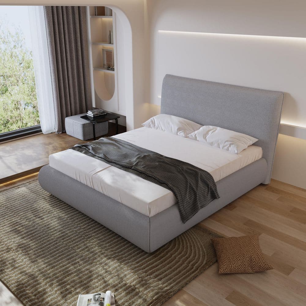 Gray Solid Pinus Wood Frame Queen Size Low Profile Platform Panel Bed with 