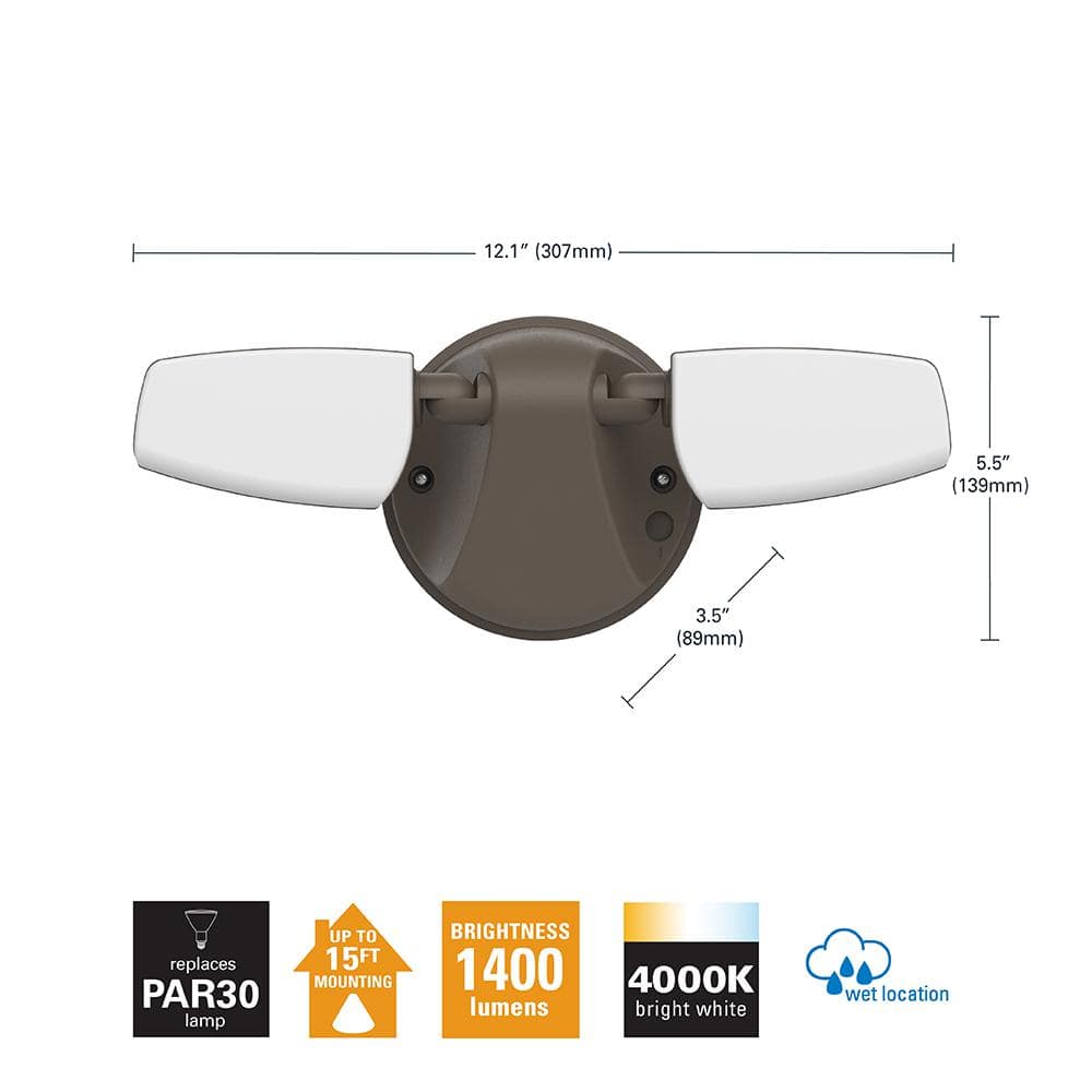 Bronze Twin Head LED Outdoor Security Flood Light, 1420 Lumens