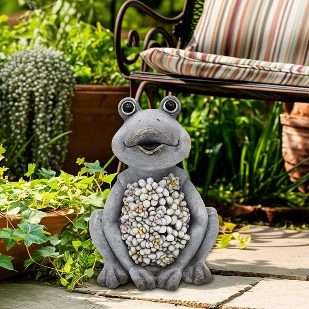 Liv & Skye 13 in. Gray Ceramic Sitting Frog With Solar Flowers