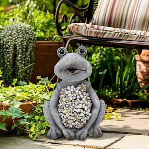 13 in. Gray Ceramic Sitting Frog With Solar Flowers Garden Statue