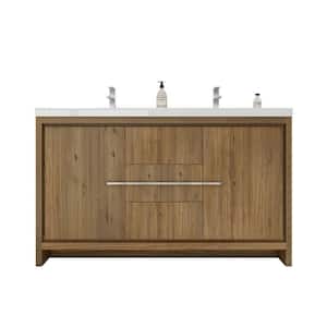 Dolce 60 in. W Bath Vanity in Natural Oak with Reinforced Acrylic Vanity Top in White with White Basins