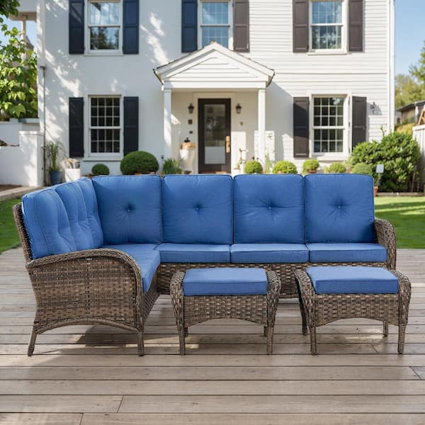 moosprr 4-Piece Brown Wicker Outdoor Sectional Set with Olefin Blue Cushions and L-Shaped Sofa/Ottomans