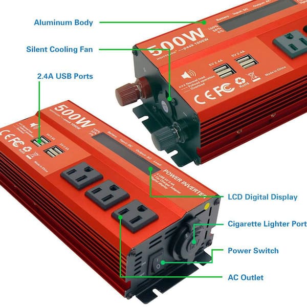 cigarette lighter pure sine wave inverter Lukyamzn 500-Watt Modified Sine Wave Power Inverter, 12V DC to 110V AC, with 3-AC Outlets, 4-USB Ports, Cigarette Lighter Adapter