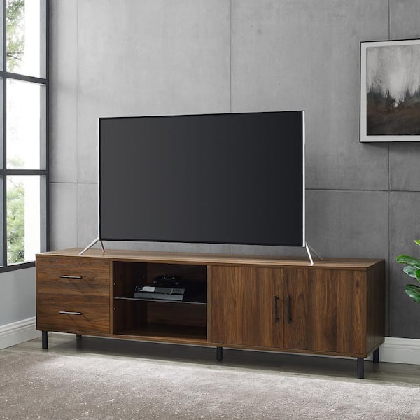 Welwick Designs 70 in. Dark Walnut Wood and Metal TV Stand with 2-Drawers and Cord Management (Max tv size 85 in.)
