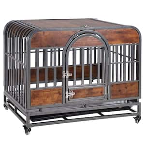 Any 37 in. W Heavy-Duty Dog Crate, Furniture Style Dog Crate Removable Trays and Wheels for High Anxiety Dogs in Brown