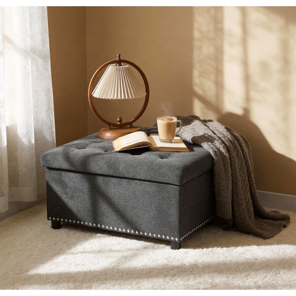 Peyton Dark Grey 30 in. Square Storage Ottoman, Nailhead Trim Ottoman, Tufted Footstool, Upholstered Coffee Table