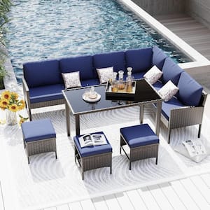 7-Piece Patio Furniture Wicker Outdoor Dining Set with Blue Cushions and 1-Dining Table