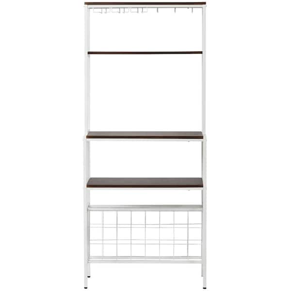 Utopia 4niture Tracy Modern White 5-Tier Baker Rack with Glass, Cup Holders and Hooks