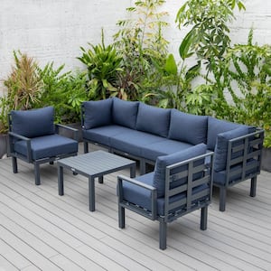 Chelsea 7-Piece Patio Sectional Seating Set Black Aluminum With Coffee Table & Cushions in Blue