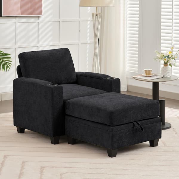 JEAREY Modern Black Chenille Storage Accent Armchair with Cup Holder and Ottoman for Living