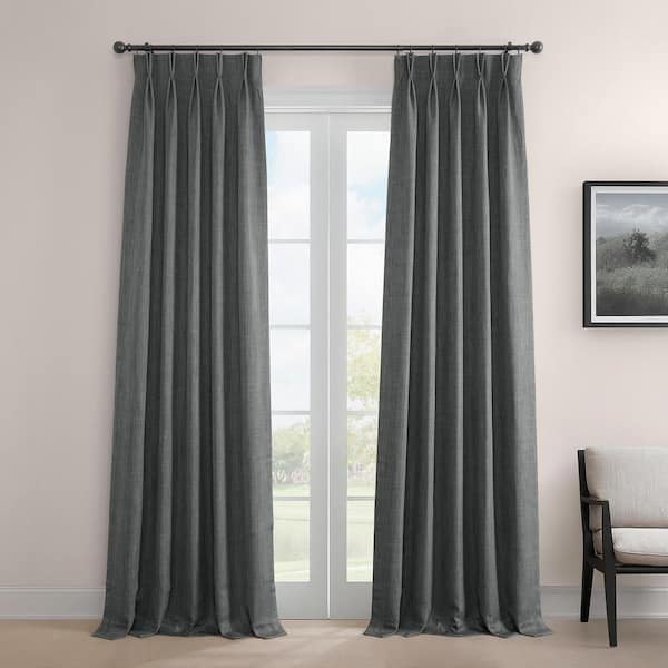 Exclusive Fabrics & Furnishings Dark Gravel Green Pinch Pleated Textured Faux Linen Curtains 25 in. W x 96 in. L Room Darkening Curtains (Single Panel)