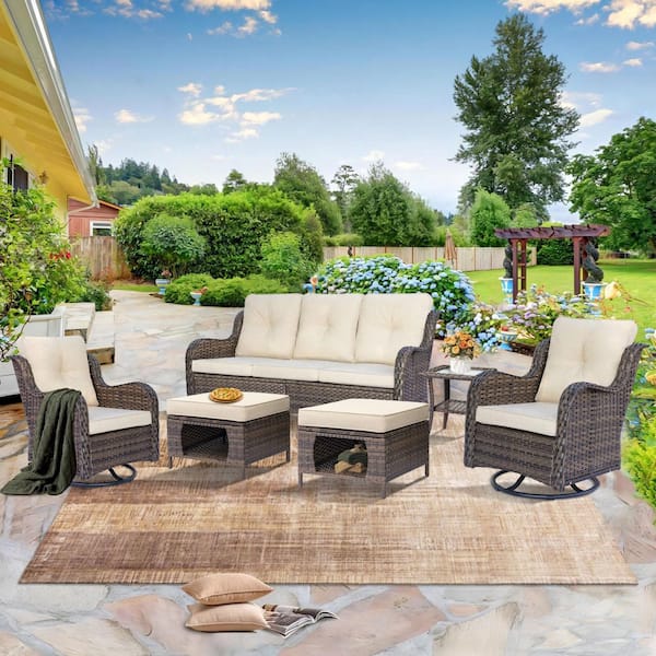 kuurfuurdo Brown 6-Piece Wicker Patio Conversation Set Sofa Seating Swivel Chairs with Ottomans Side Table and BeigeCushions
