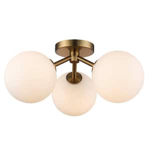 Haskell 16 in. 3-Light Antique Gold Flush Mount Ceiling Light Fixture with White Opal Glass Shades