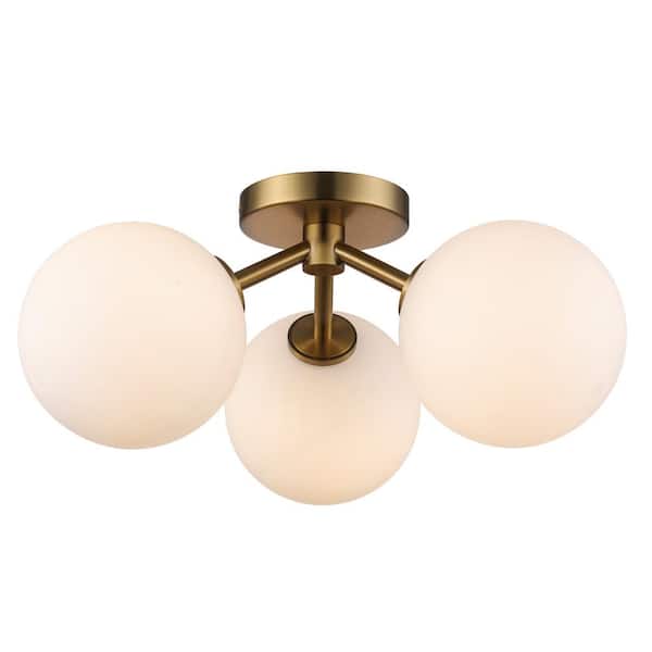 Bel Air Lighting Haskell 16 in. 3-Light Antique Gold Flush Mount Ceiling Light Fixture with White Opal Glass Shades