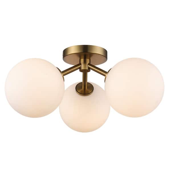 Haskell 16 in. 3-Light Antique Gold Flush Mount Ceiling Light Fixture with White Opal Glass Shades