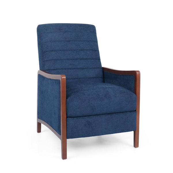 Noble House Mokena Navy Blue and Walnut Fabric Channel Stitch Pushback Recliner Chair