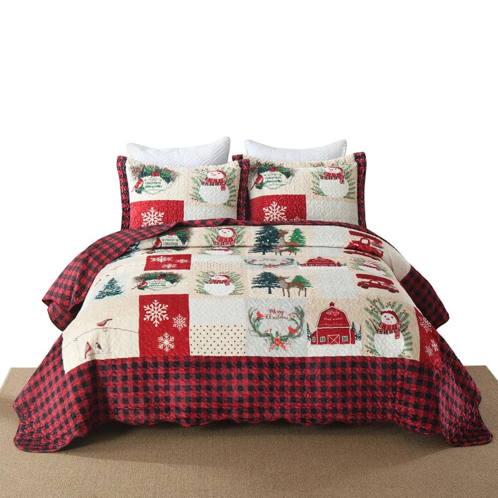 BYV208 Christmas Burgundy Log Cabin and Snowman Queen Size Polyester Velvet Quilt Bedspread Set