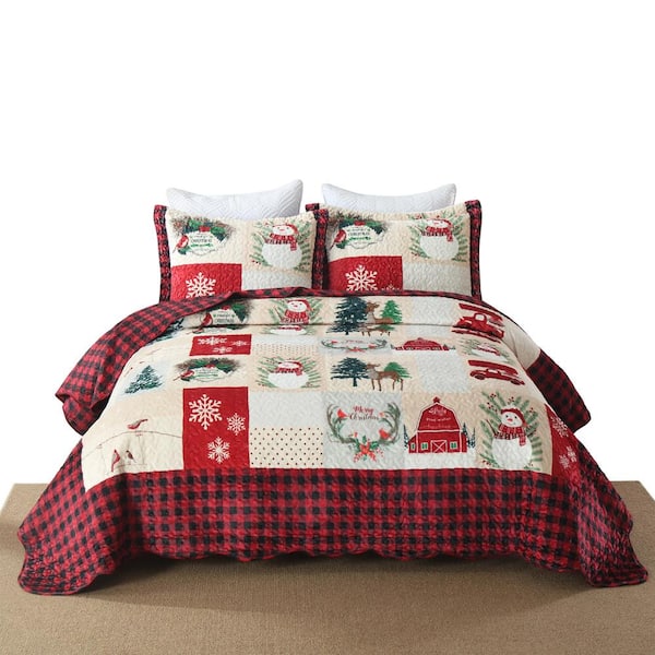 MarCielo BYV208 Christmas Burgundy Log Cabin and Snowman Queen Size Polyester Velvet Quilt Bedspread Set